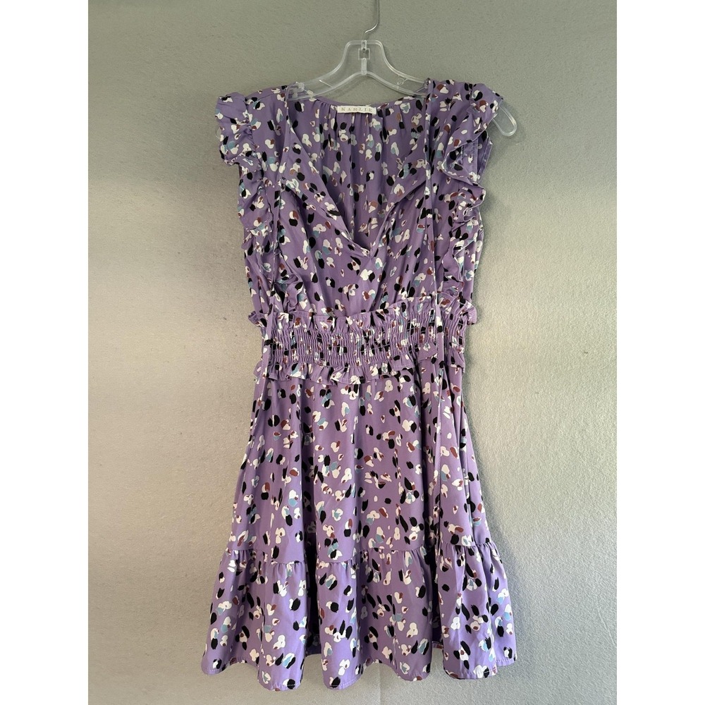 Karlie Dress Womens S Purple Animal Print Smocked Ruffle Fit & Flare Sundress
